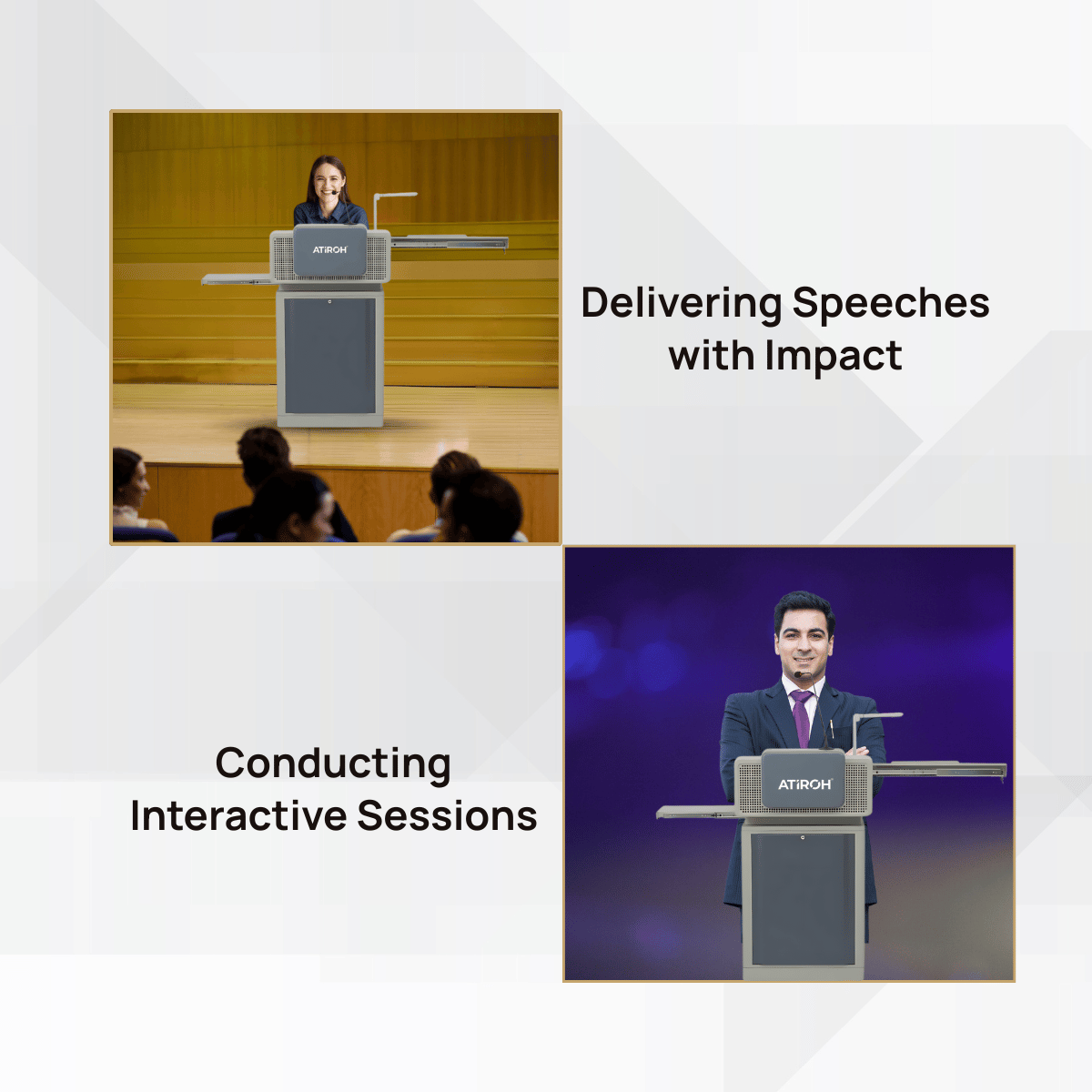 Atiroh digital podium used for delivering speeches and conducting interactive sessions in classrooms and conferences.