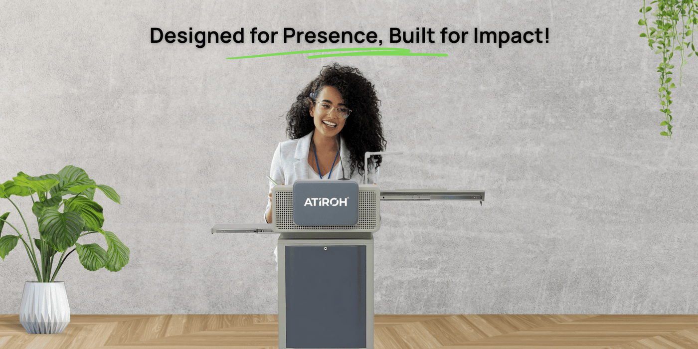 Atiroh digital podium for interactive presentations in classrooms and conference spaces, designed for impact and presence.