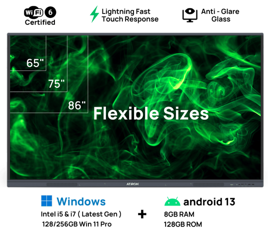 Atiroh interactive panel available in 65-inch, 75-inch, and 86-inch flexible sizes with vibrant 4K touch display.