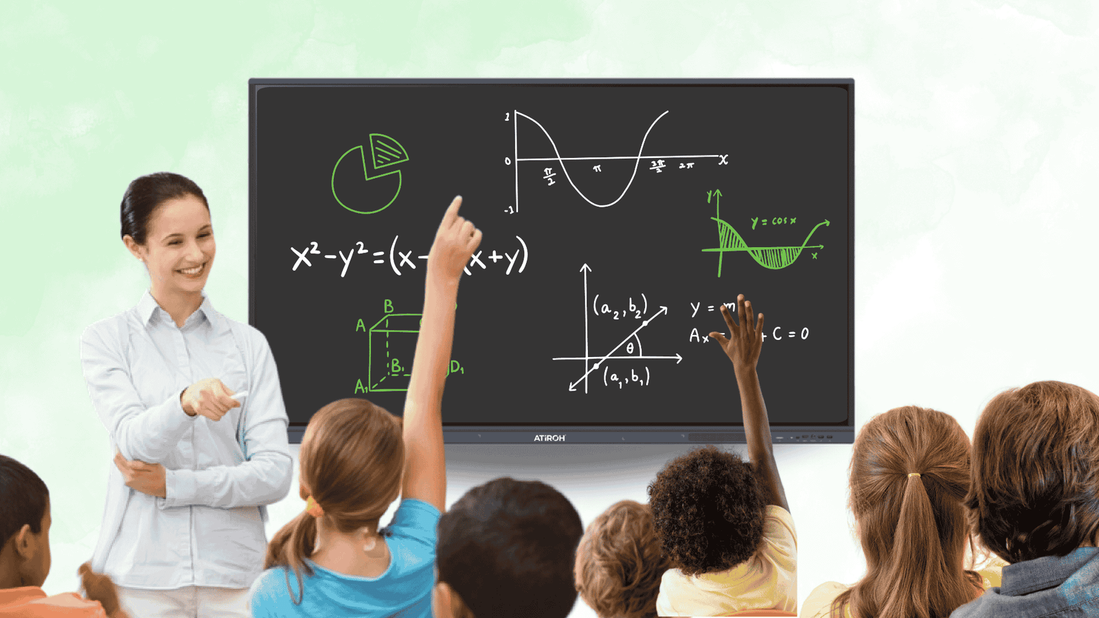 Children raising hands in a classroom with an interactive digital panel displaying math and graphs.