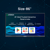 Atiroh 86-inch interactive panel with 4K display, 8GB RAM, 128GB storage, Android OS, and 3-year on-site warranty displayed on a dark blue tech background.