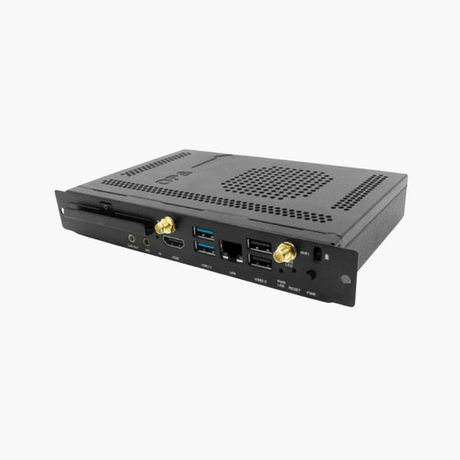 Black Atiroh Android PC module showing multiple ports including HDMI, USB, LAN, and audio connectors on a white background.