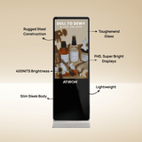 Atiroh digital display kiosk with FHD screen, 400 nits brightness, slim sleek body, and rugged steel construction for smart advertising.