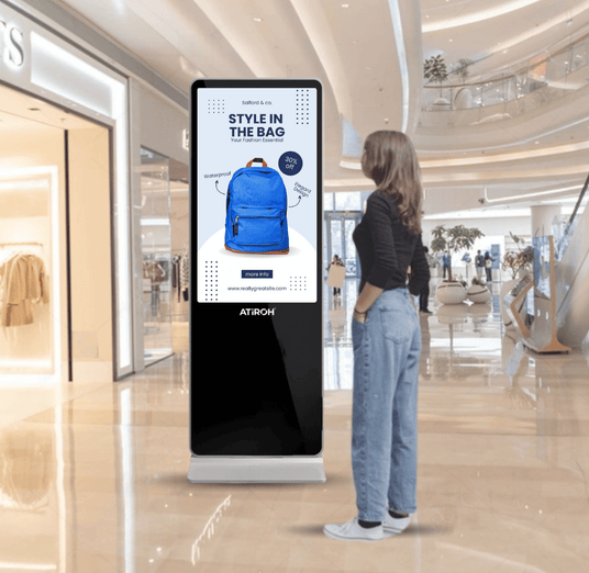 Atiroh digital kiosk display in a shopping mall showcasing  advertisement for interactive retail engagement.