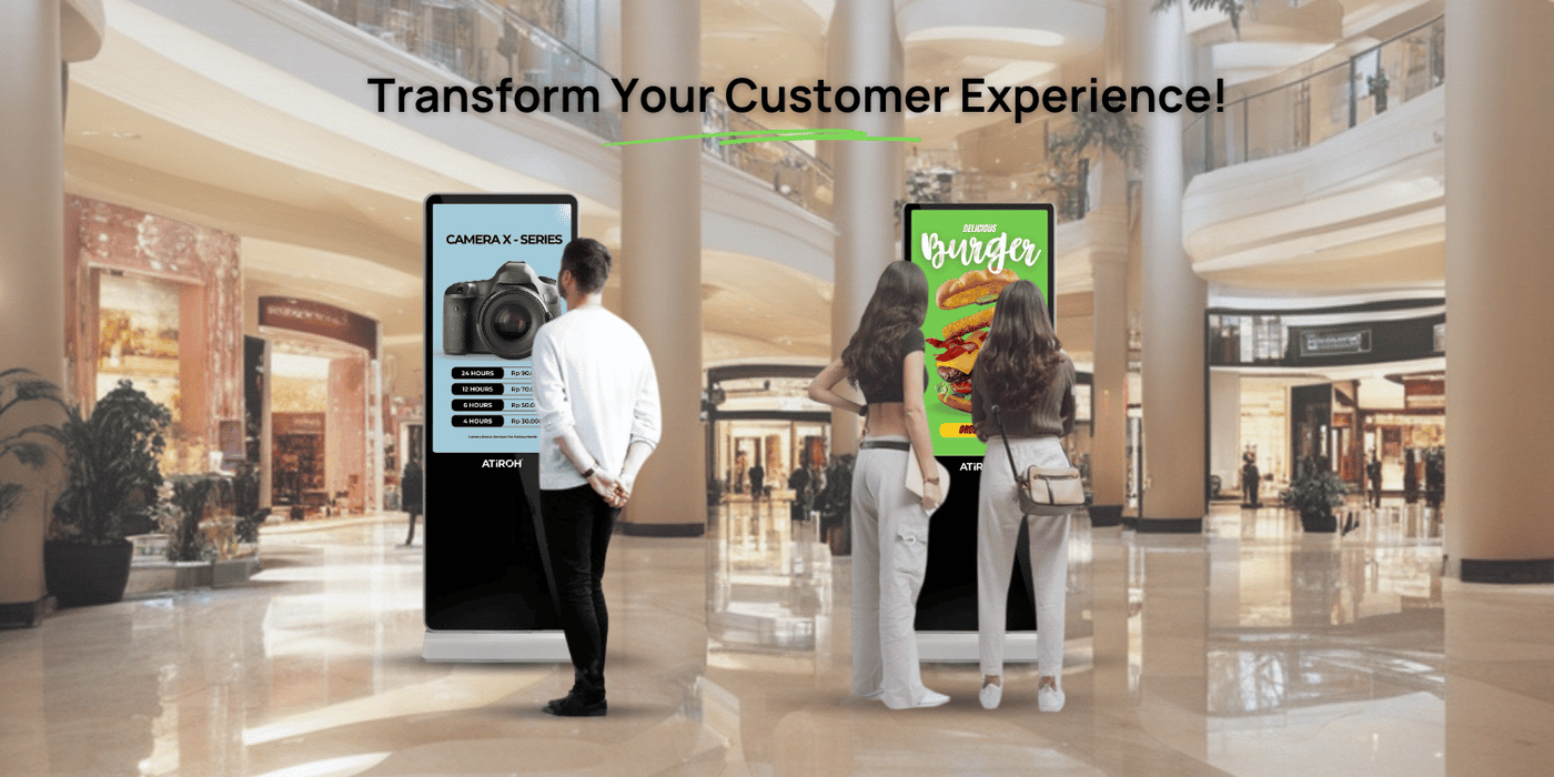 Atiroh digital kiosk display stands in a shopping mall showcasing dynamic advertisements and interactive customer engagement.