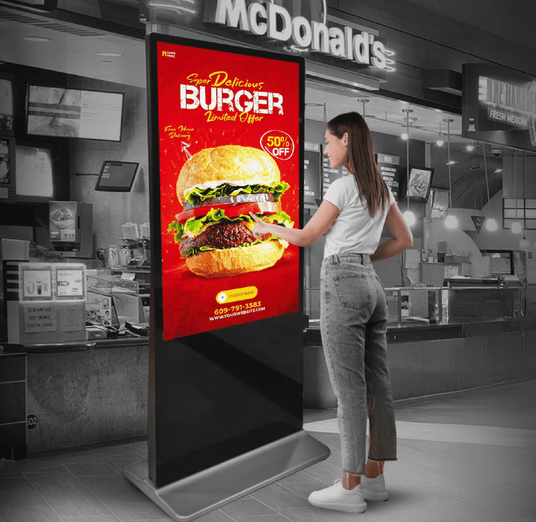 Atiroh digital kiosk displaying a dynamic fast-food menu board for interactive customer engagement in a restaurant.