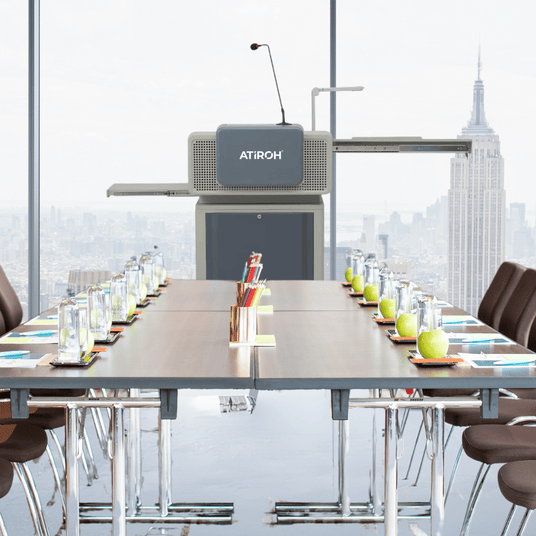 Atiroh digital podium in an auditorium, designed for interactive lectures and professional presentations.