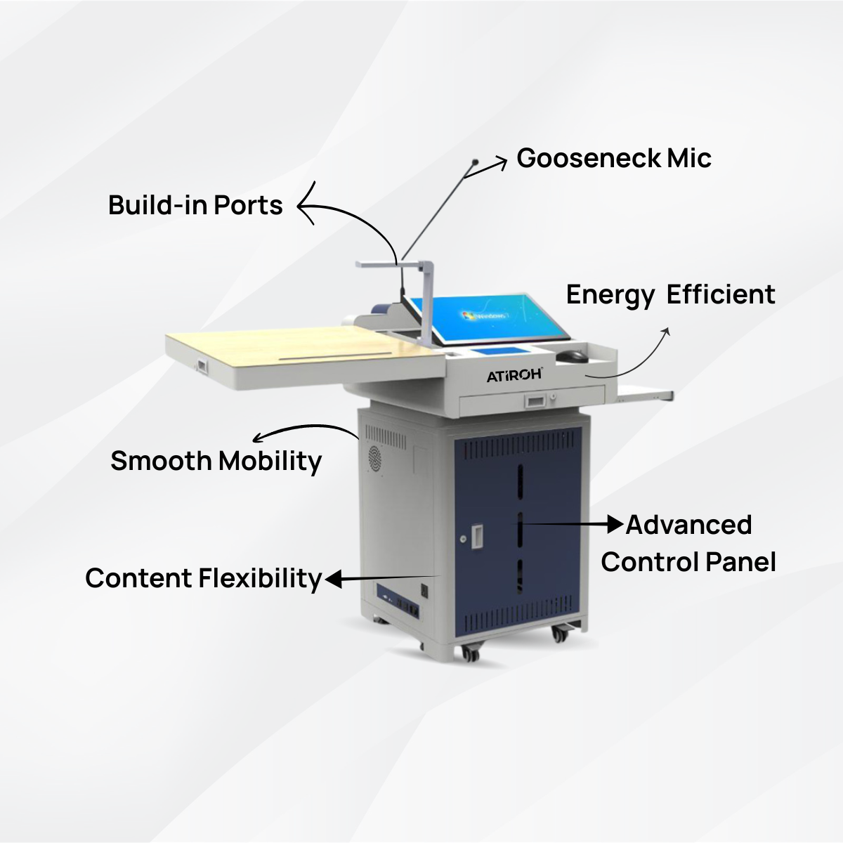 Atiroh digital podium with gooseneck mic, advanced control panel, and energy-efficient design for smart classrooms and conference halls.