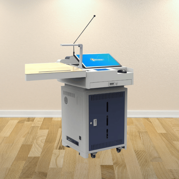 Atiroh digital podium with built-in microphone and touchscreen display, ideal for smart classrooms, lecture halls, and conferences.