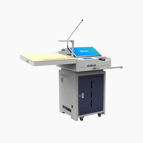 Atiroh digital podium with touchscreen display, microphone, and wooden writing surface on a white background.