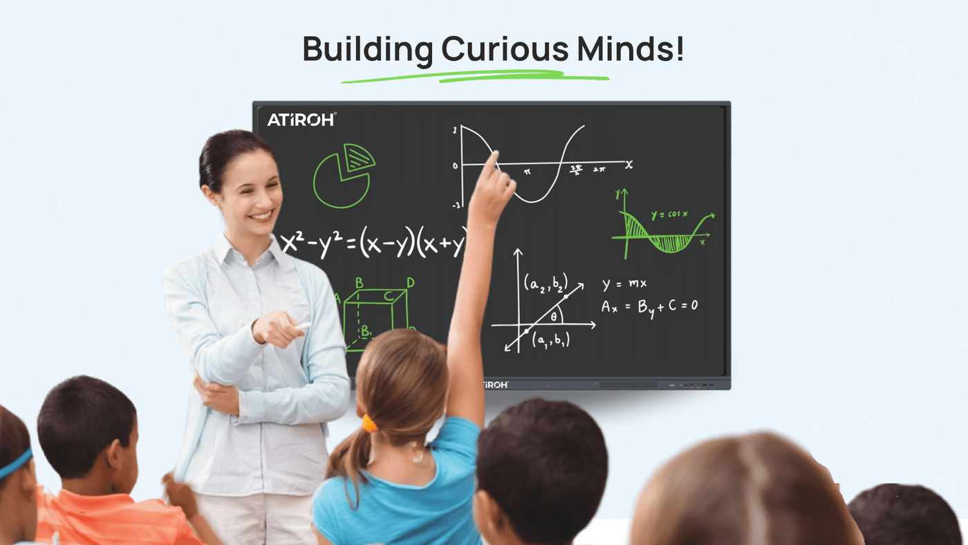 Teacher using Atiroh Interactive Flat Panel for math lessons in a smart classroom, enhancing student engagement.