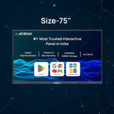 Atiroh-75-inch interactive panel displaying features like 4K clarity, 8GB RAM, Android version, and Google tools on a dark blue background.