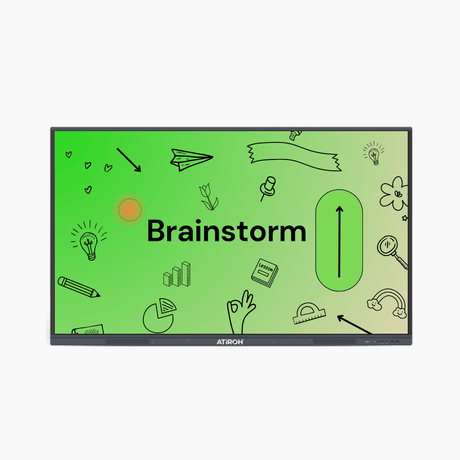 
Atiroh interactive panel displaying the word “Brainstorm” with creative doodle-style icons on a green background.
