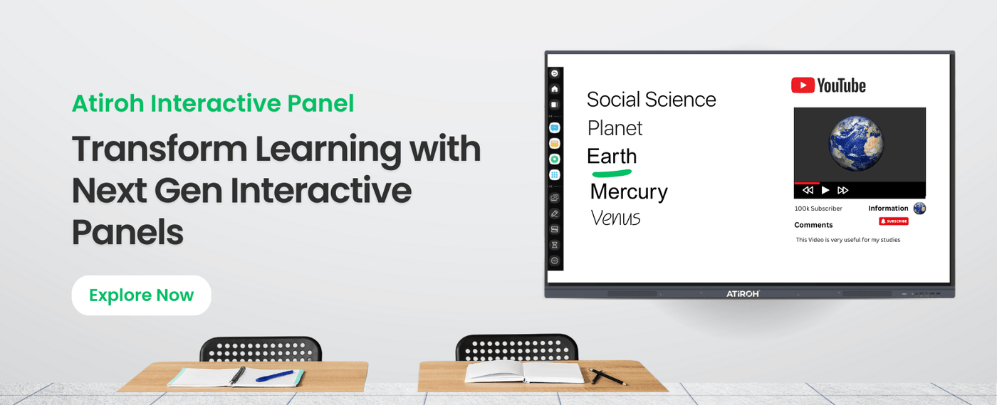 Atiroh interactive panel showing educational content with YouTube integration, placed in a classroom with desks and chairs in front.