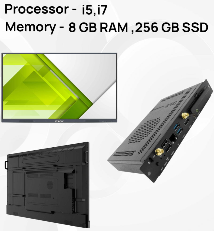 Atiroh OPS module featuring Intel Core i5 and i7 processors, 8GB RAM, 256GB SSD, and compatibility with interactive flat panel displays on a white background.
