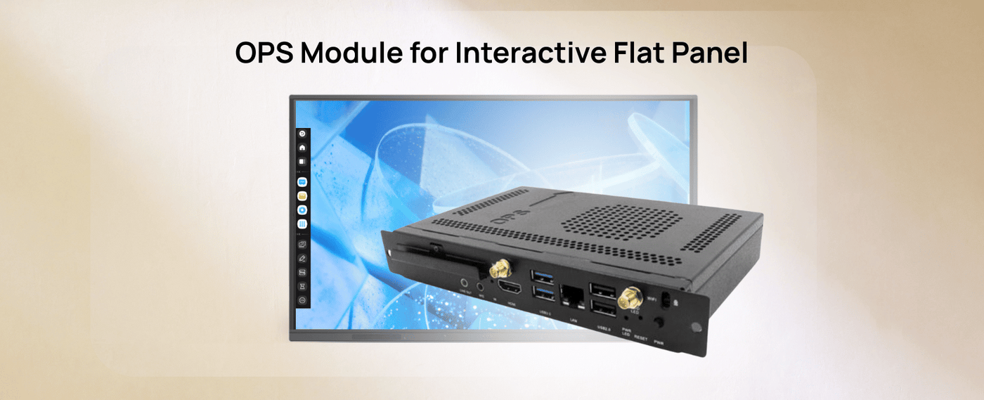 Atiroh OPS module connected to an interactive flat panel display, showcasing hardware and performance integration on a beige background.