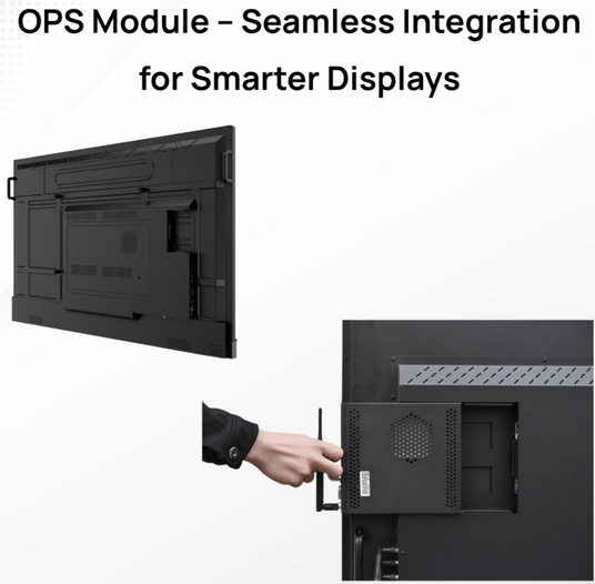Atiroh OPS Module demonstrating seamless integration into a smart interactive display, showing hand installation on a white background.