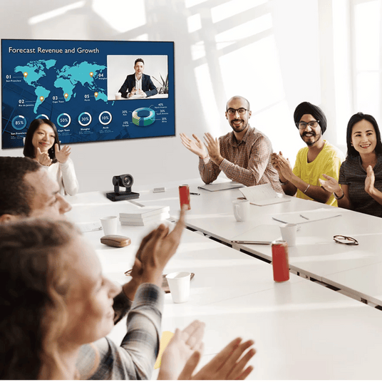 Atiroh PTZ camera used in a business conference room for seamless video meetings and presentations.