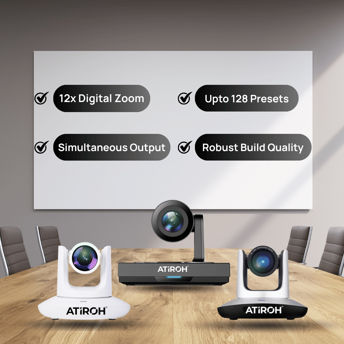 Atiroh PTZ conference cameras displayed in a meeting room showcasing 12x digital zoom, simultaneous output, robust build quality, and up to 128 presets.