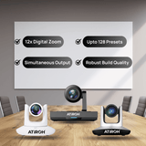 Atiroh PTZ conference cameras displayed in a meeting room showcasing 12x digital zoom, simultaneous output, robust build quality, and up to 128 presets.