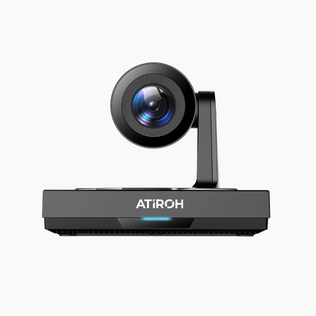 Black Atiroh video conference camera with lens and branding on the base, displayed against a clean white background.