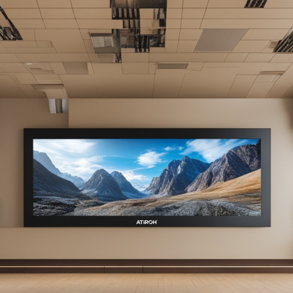 Atiroh video wall display mounted in an office, showing a vivid mountain landscape for immersive visual performance.