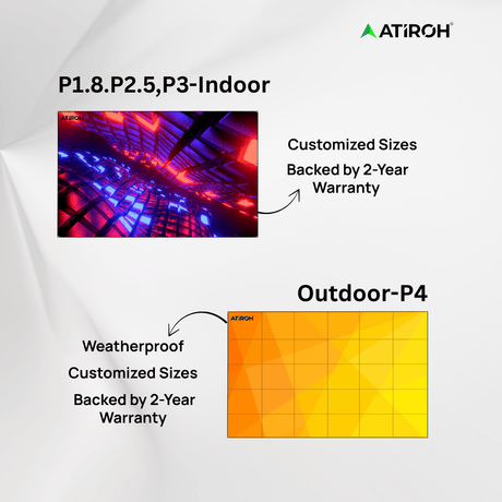 Atiroh indoor and outdoor video wall displays , P1.8, P2.5, P3, and P4 models with weatherproof design, customized sizes, and 2-year warranty.